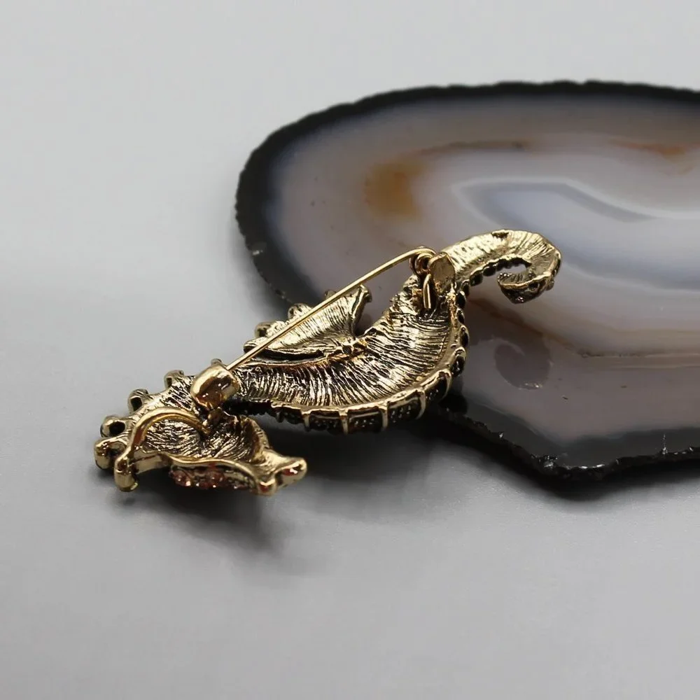 Jewelry pin brooch seahorse water animal crystals gold tone brown green new